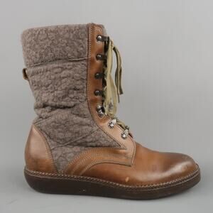 LANVIN Size 7 Brown Leather & Textured Lace Mid Calf Combat Boots